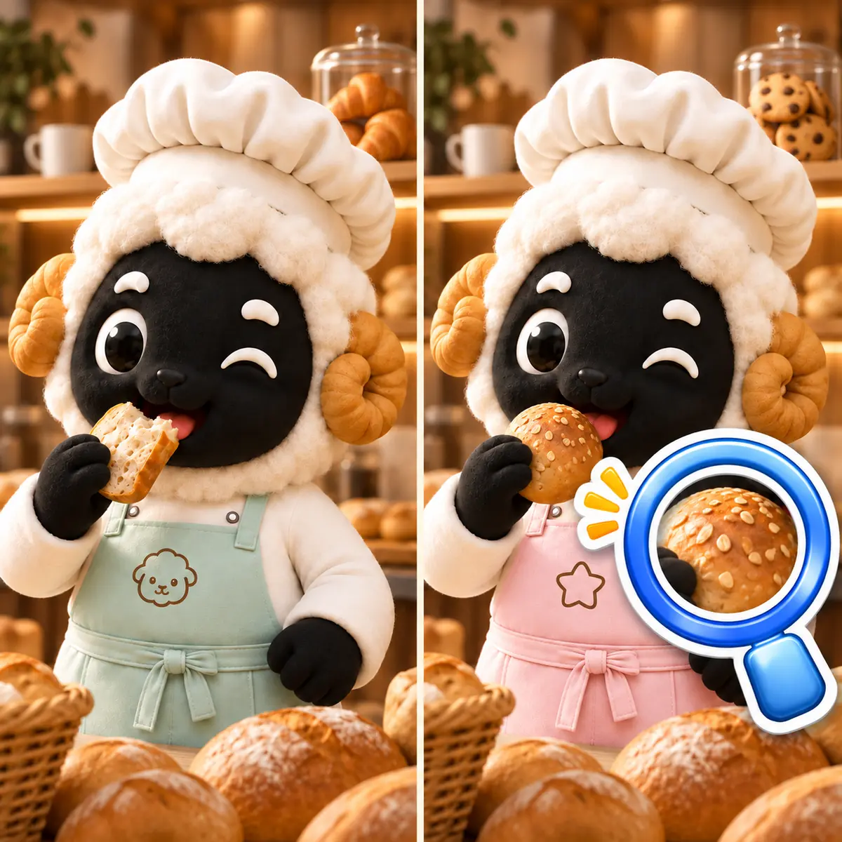 빵집에서 양 캐릭터와 함께 즐기는 틀린 그림 찾기 게임