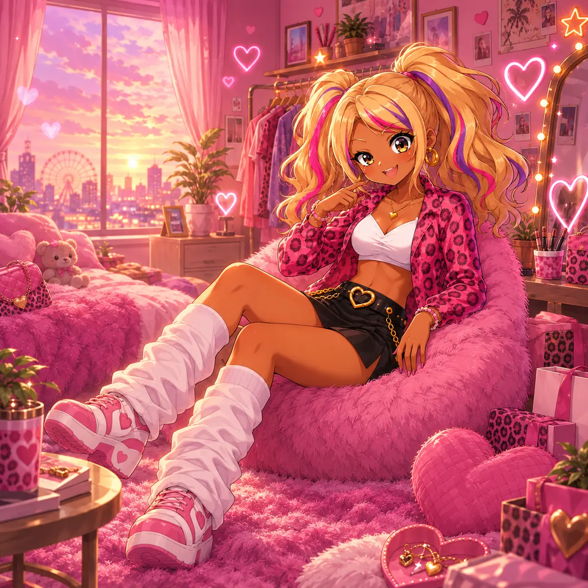 분홍색 방에서 휴식 중인 Chill Gyaru 캐릭터