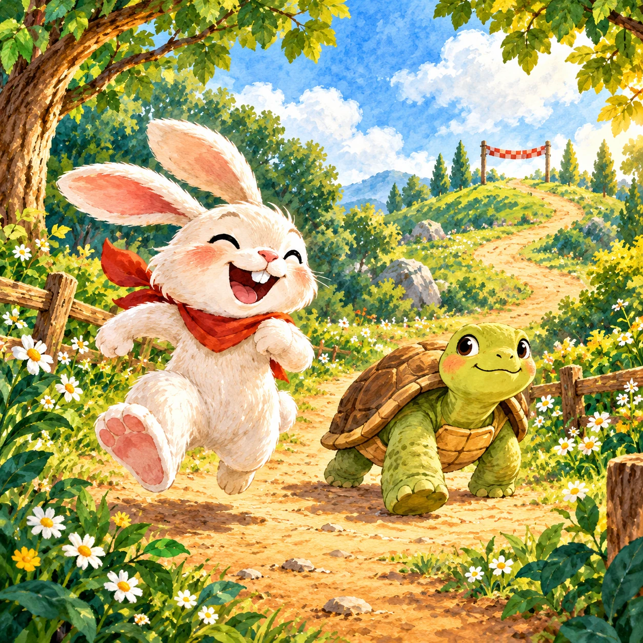 숲길을 함께 달리는 토끼와 거북이 동화 그림